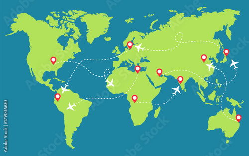 world map aircraft travel holiday plane traffic vector template design illustration