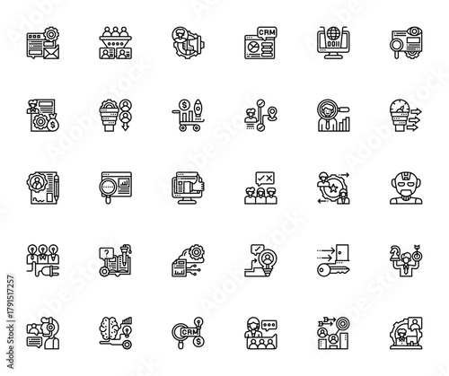 Customer relationship management icon set. Vector buiness icons pack. Includessymbols for CRM, analytics customer support, machinelearning, campaign, data pocessing and more. Editabl stroke.