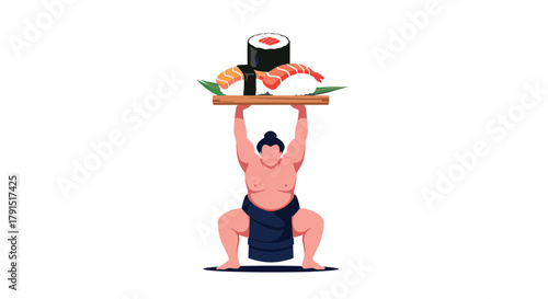 Sumo wrestler holding a platter of sushi above his head in a crouched position.