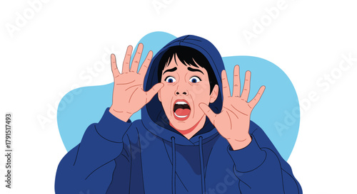 Person in a blue hoodie screams and holds up hands in fear or shock.