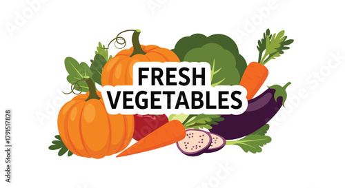 A vibrant illustration of fresh vegetables including pumpkins, broccoli, carrots, and eggplant, with the words \.
