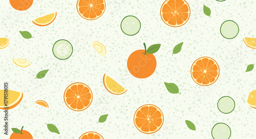 Seamless pattern of vibrant citrus slices, whole oranges, and refreshing cucumber rounds scattered with green leaves.