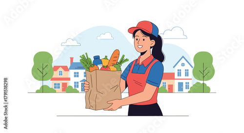 Delivery person happily carrying a bag full of groceries in a suburban neighborhood.