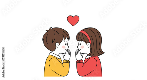 Cute cartoon boy and girl whispering secrets to each other with a heart above them.