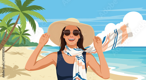 A joyful woman in a wide-brimmed hat and sunglasses smiles broadly on a sunny tropical beach, holding a colorful scarf.