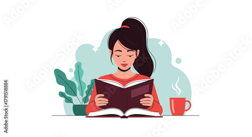 A young woman with her hair in a ponytail reads an open book with a cup of coffee and a plant nearby.