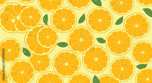 Seamless pattern of vibrant orange slices with water droplets on a light yellow background.