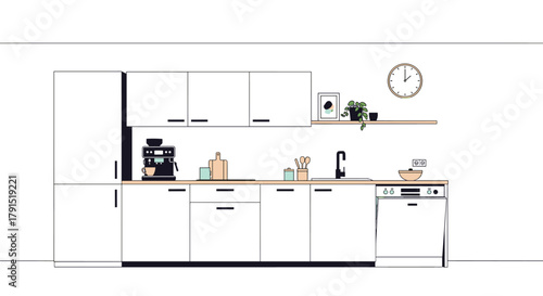 Modern minimalist kitchen interior with a refrigerator, coffee machine, dishwasher, and clock.