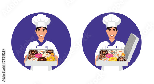 Happy chef presenting a box of colorful donuts with various toppings in a circular frame.
