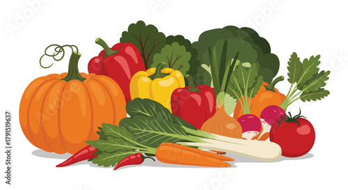 A colorful assortment of fresh, healthy vegetables, including a pumpkin, bell peppers, carrots, and broccoli.