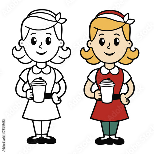 A cute coffee girl holding a warm cup, surrounded by coffee beans and steam swirls. Perfect for coloring with cozy café vibes and sweet morning charm.
