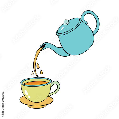 Hot tea pours smoothly from a classic kettle into a delicate teacup, releasing steam and aroma. A cozy, heartwarming moment perfect for tea lovers and relaxation.
