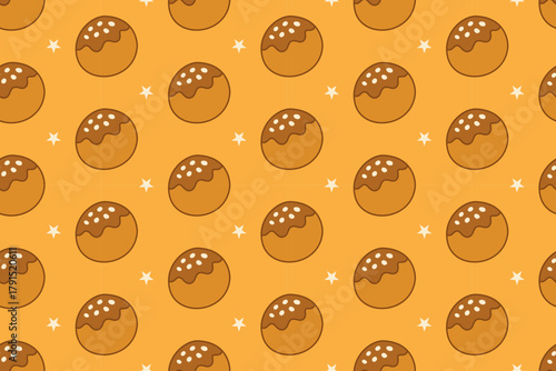 Takoyaki with star colorful illustration pattern on yellow background set for Japanese food. Fried octopus ball cartoon vector pattern background for packaging. Street food ball doodle isolated motif