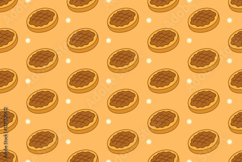 Waffle cakes with star colorful illustration pattern on yellow background set for bakery. Backed cookie cartoon vector pattern background for pastry. Round biscuit doodle isolated motif for restaurant