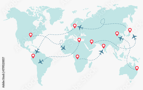 world map tour travel holiday aircraft plane traffic vector template design illustration