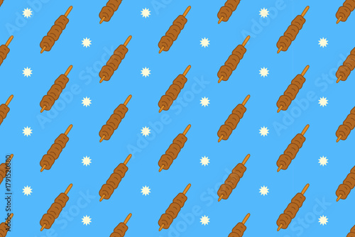 Meat satay with light colorful illustration pattern on blue background set for restaurant. Barbecue skewer cartoon vector pattern background for culinary. Grilled kebab stick doodle isolated motif