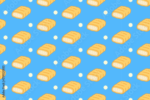 Tamagoyaki sushi colorful illustration pattern on blue background set for Asian restaurant. Omelet sushi cartoon vector pattern background for culinary. Egg roll doodle isolated motif for cafes