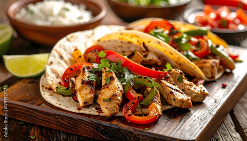 Delicious Chicken Fajitas on Wooden Board Mexican Food Feast with Fresh Ingredients.