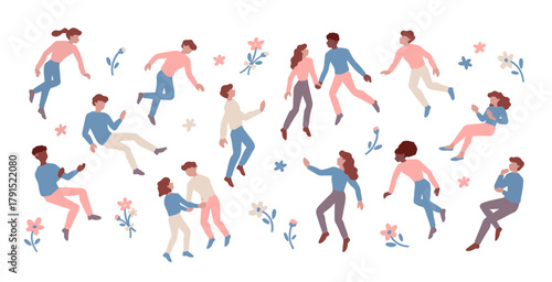 いろいろな人々と花がふわふわと浮かぶ - 雰囲気を演出するウェルビーイングの手書き風ベクターイラスト素材 Diverse people jumping and floating with flowers - wellbeing happiness lifestyle illustration
