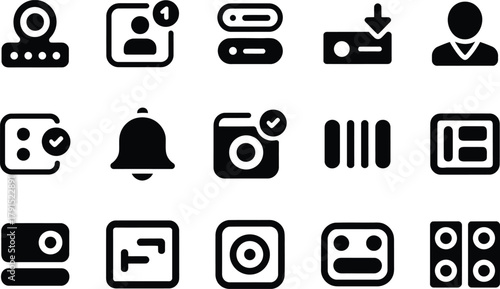 Vector icons showing user profiles, notifications, and digital interface controls ideal for mobile apps and web.