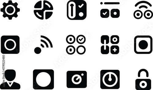 Collection of modern tech interface icons representing technology, connectivity, and digital tools. Perfect for UI design, app development, and network visuals.