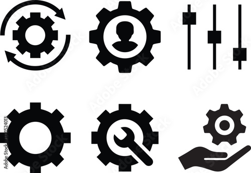 Conceptual icons of gears, tools and helping hands representing service, workflow, and  Technical system management.