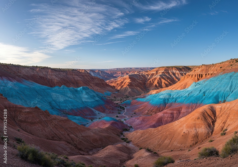 Fototapeta premium A breathtaking natural valley transforms into an expansive artistic mural, blending vibrant painted forms with geological features ,design ,vibrant ,creative