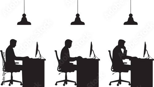 Silhouette office worker at desk working computer person job business workspace lamp