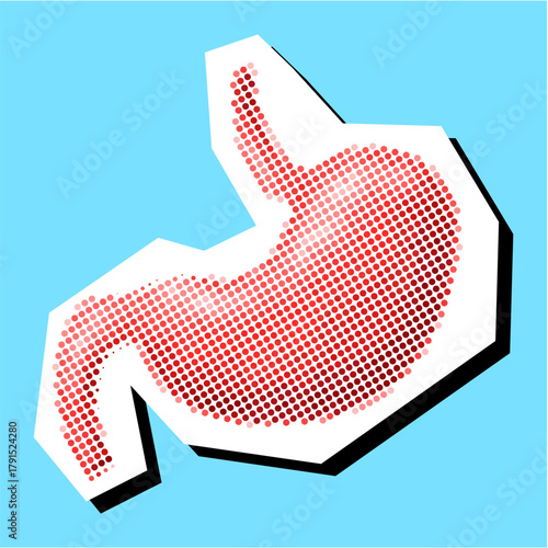 Stomach Organ Halftone Dotted Collage Element Pointillize in Paper Torn Vector Ideal for medical, health, and anatomy designs requiring a retro, pop art, or distressed collage effect.