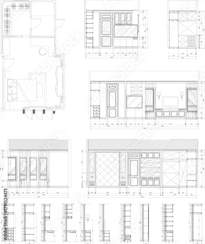 2D Furniture Layout Drawing of Bedroom and Walk-in Closet with Elevation and Section Interior Design Details