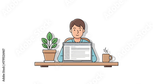 Minimalist Illustration of a Person Working at a Desk with Laptop, Plant, and Coffee Mug. Suitable for illustrating remote work, freelance lifestyle, or study concepts.