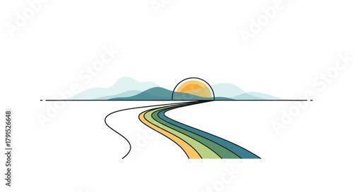 Minimalist landscape illustration featuring a winding road leading to mountains and a rising sun, suitable for travel, adventure, and inspirational themes.