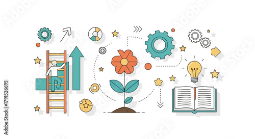Conceptual illustration showcasing business growth, innovation, and learning, suitable for educational materials, corporate presentations, and startup ventures.