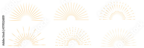 Boho sunburst logo, sun line art vector. Sunset sunrise stock vector logo design