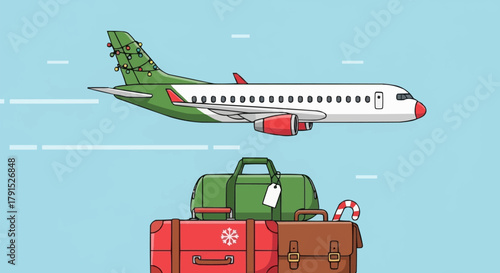 Airplane and luggage ready for travel.