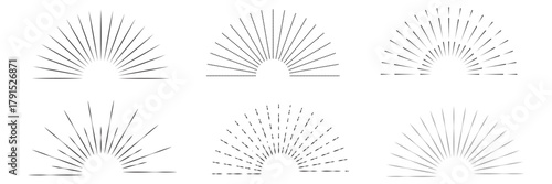 Boho sunburst logo, sun line art vector. Sunset sunrise stock vector logo design