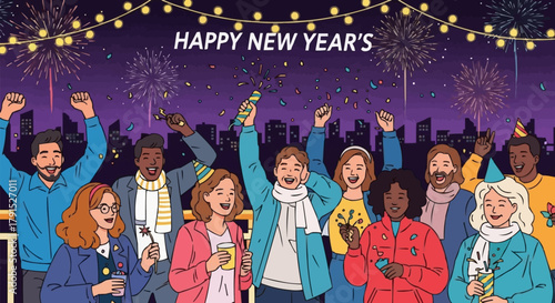 Festive New Years Celebration with Cheerful Crowd and Sparkling Fireworks.
