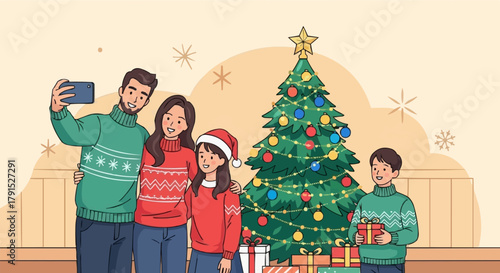 Family taking a Christmas selfie in festive sweaters.