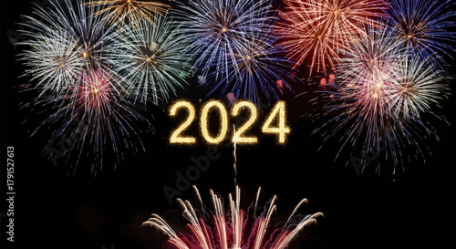 Bright Golden 2024 Text with Festive Fireworks Display at Night.