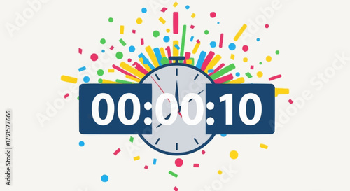 Countdown Timer with Confetti Illustration, Ten Seconds Remaining.