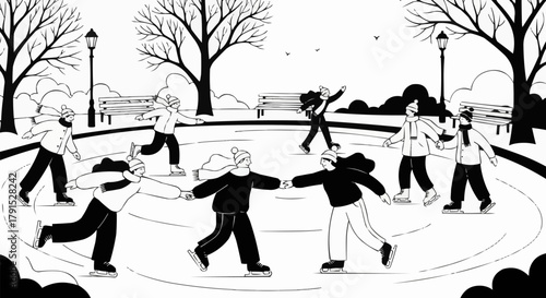 A group of people enjoying a day of ice skating in a park.