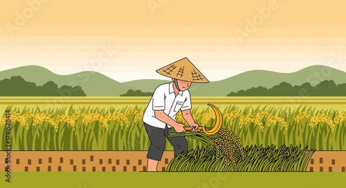 Asian Farmer Harvesting Rice in a Field with Traditional Tools and Clothing Portrayal