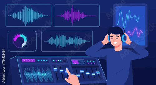 Audio engineer mixing sound with digital console in recording studio environment