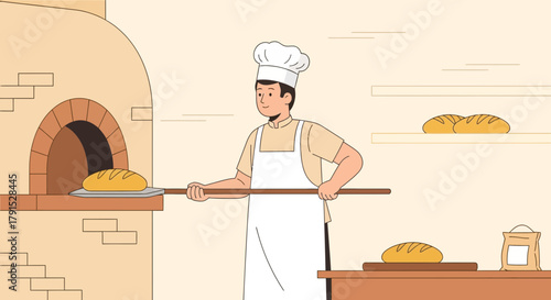 Baker taking fresh bread from traditional oven in cozy bakery shop illustration