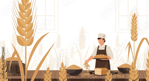 Baker preparing wheat bread, illustration for bakery or agriculture industry design
