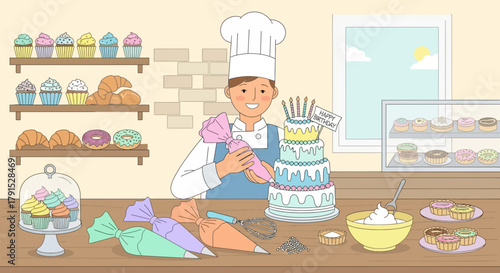 Baker decorating a birthday cake in a cheerful bakery with pastries and donuts display illustration