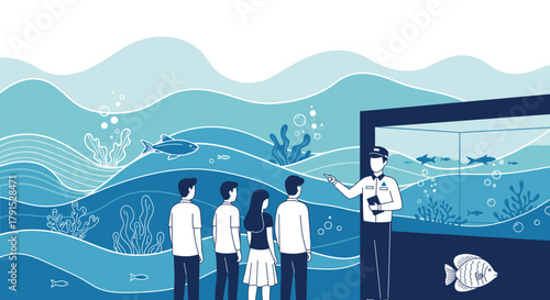 Aquarium visit with guide explaining marine life exhibit in detailed illustration