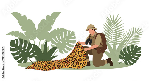 Adventure and discovery in the heart of the jungle, illustrated with a brave explorer