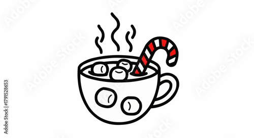 Festive Hot Chocolate with Candy Cane and Marshmallows.