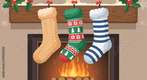 Three Christmas stockings hanging on a fireplace mantel.